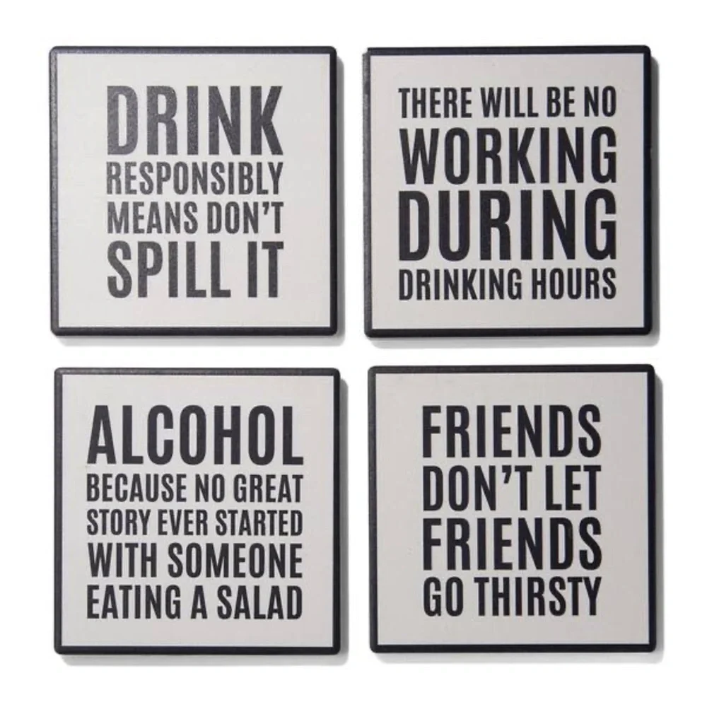 American Atelier Work Hour Happy Hour S/4 Ceramic Coasters NWT
